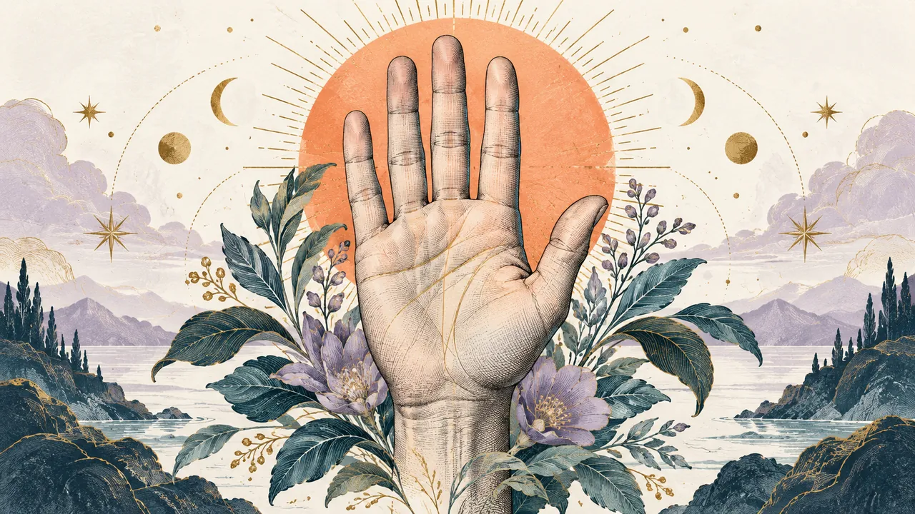 Illustrated open palm showing its lines in front of a coral sun, framed by leaves and lavender flowers