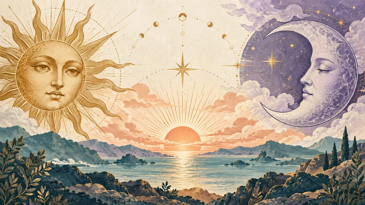 Illustrated golden sun face and lavender crescent moon face above a sunrise over the sea