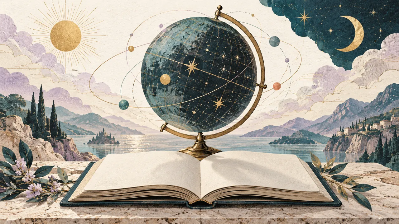Illustrated celestial globe on a brass stand above an open book, with sun, moon and a lilac coastal landscape