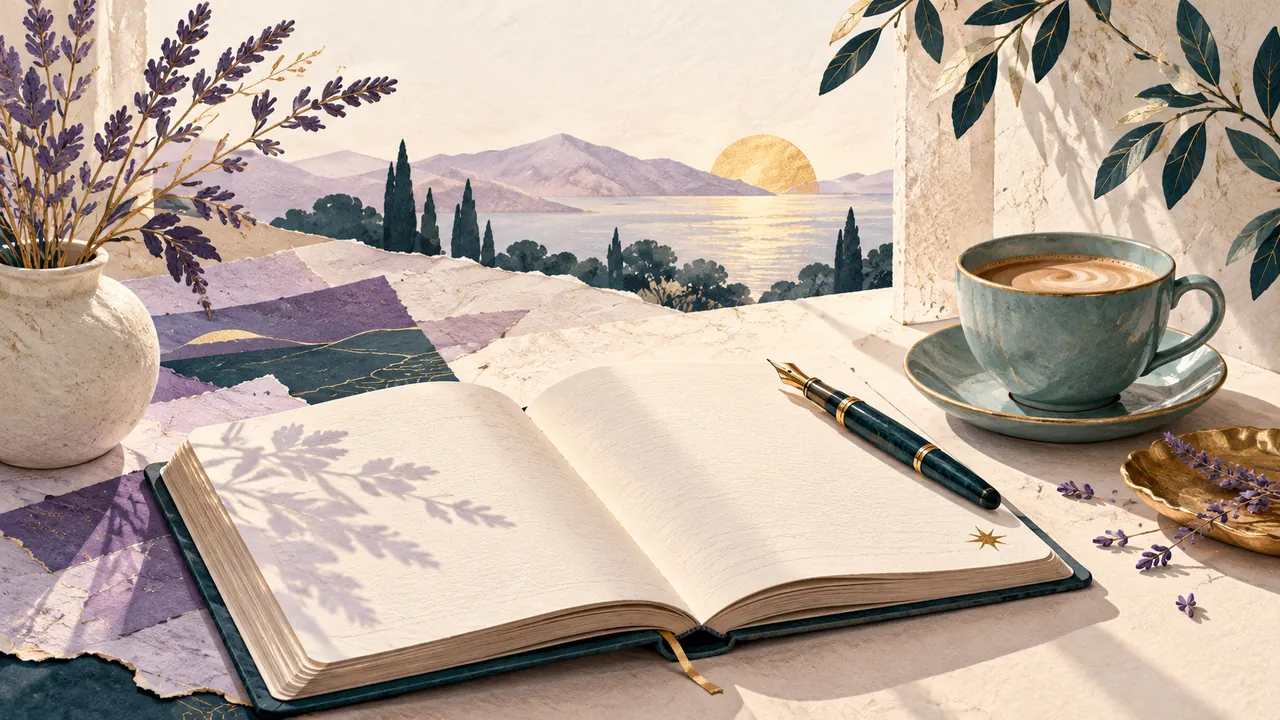 Illustrated open journal with a fountain pen and a cup of coffee on a table, lavender and a sea view behind