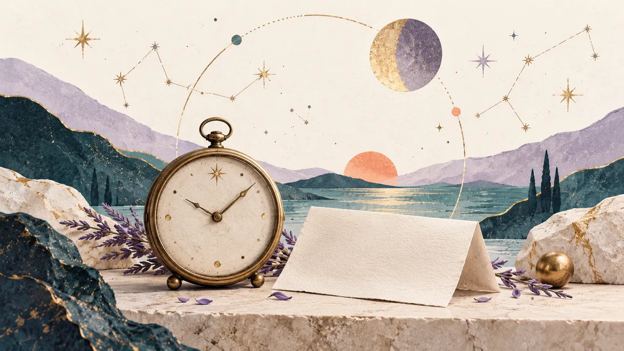 Illustrated vintage pocket clock beside a blank folded card on stone, with constellations above a lake