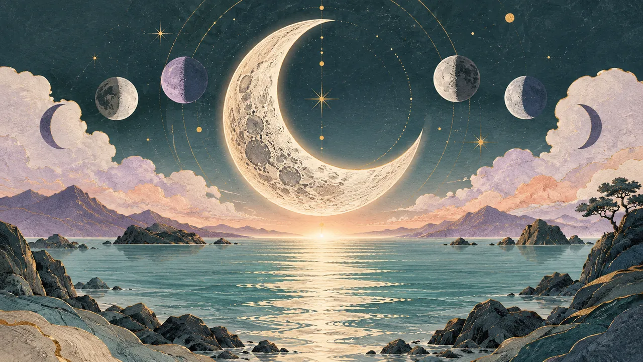 Illustrated crescent moon with smaller moon phases in a night sky above a calm sea