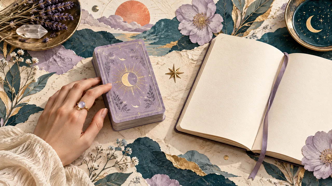 Illustrated hand resting on a lilac tarot deck beside an open blank journal and flowers