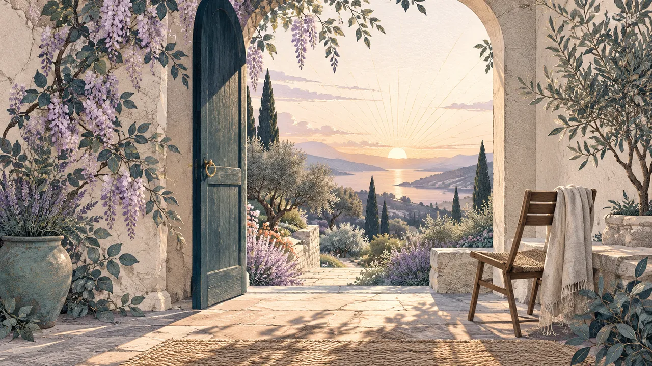 Illustrated open doorway in a stone arch looking out on olive trees, a chair and a sunset over the sea