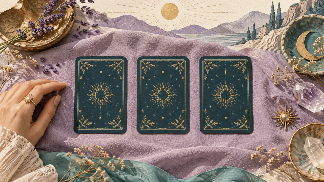 Illustrated hand beside three face-down tarot cards laid on a lilac cloth