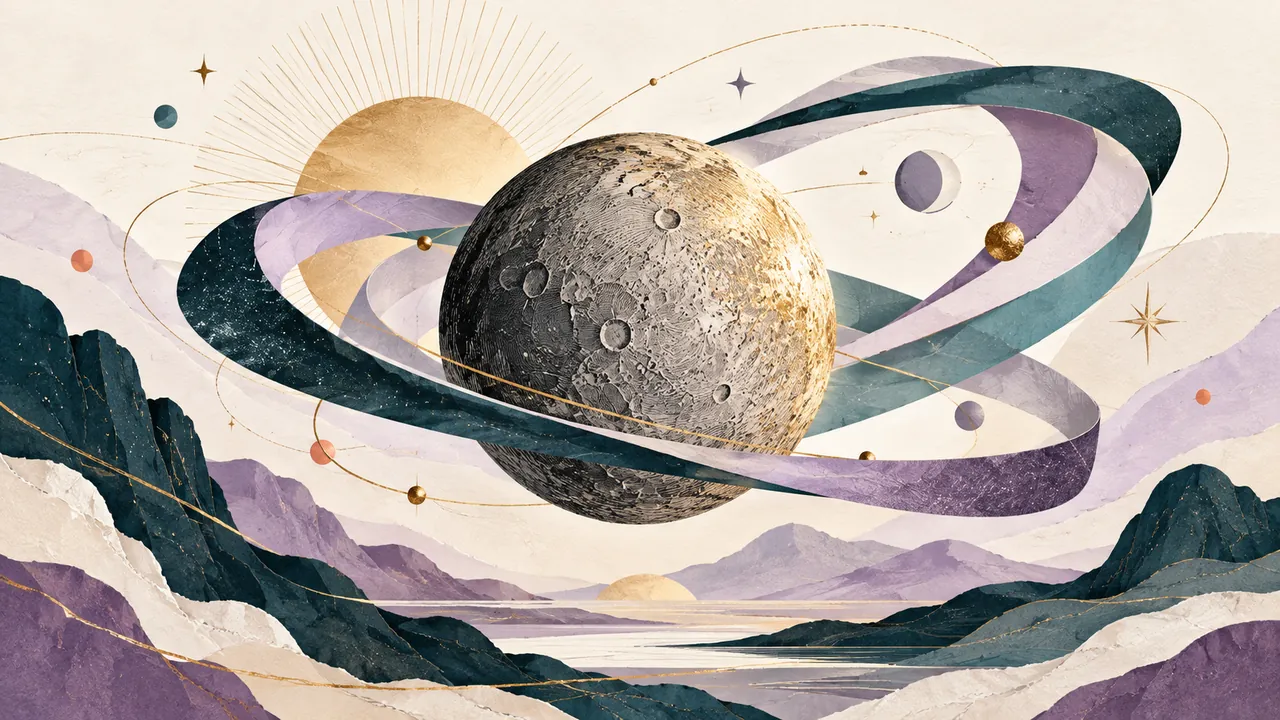 Illustrated grey cratered planet wrapped in looping lilac and teal ribbons over layered hills